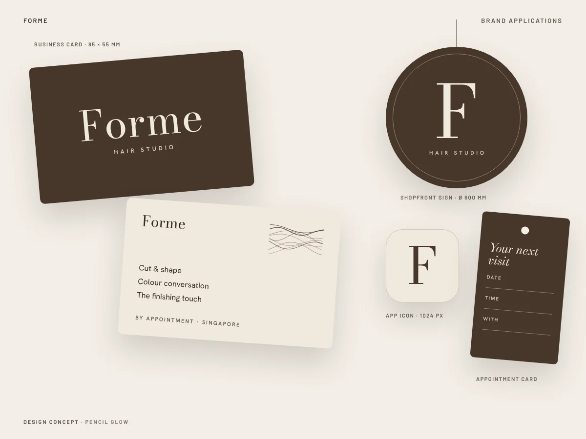 Forme design concept: business card, shopfront sign, app icon and appointment card