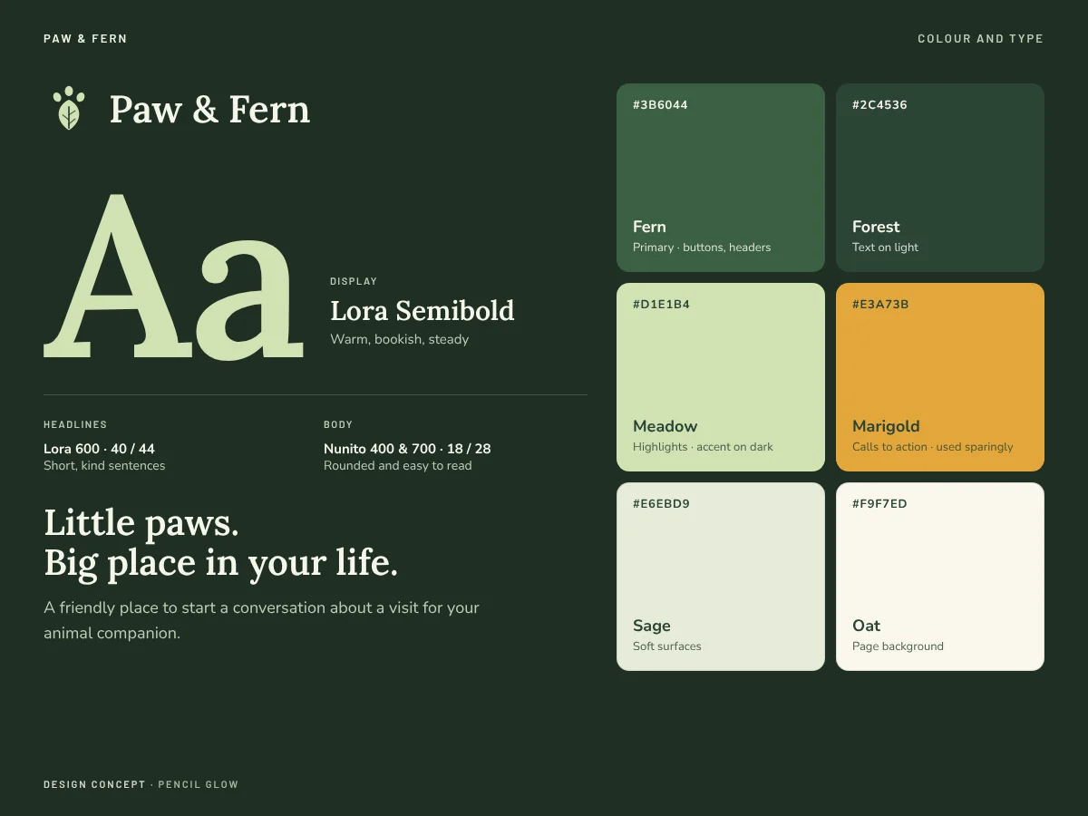 Paw & Fern design concept: type specimen and colour palette