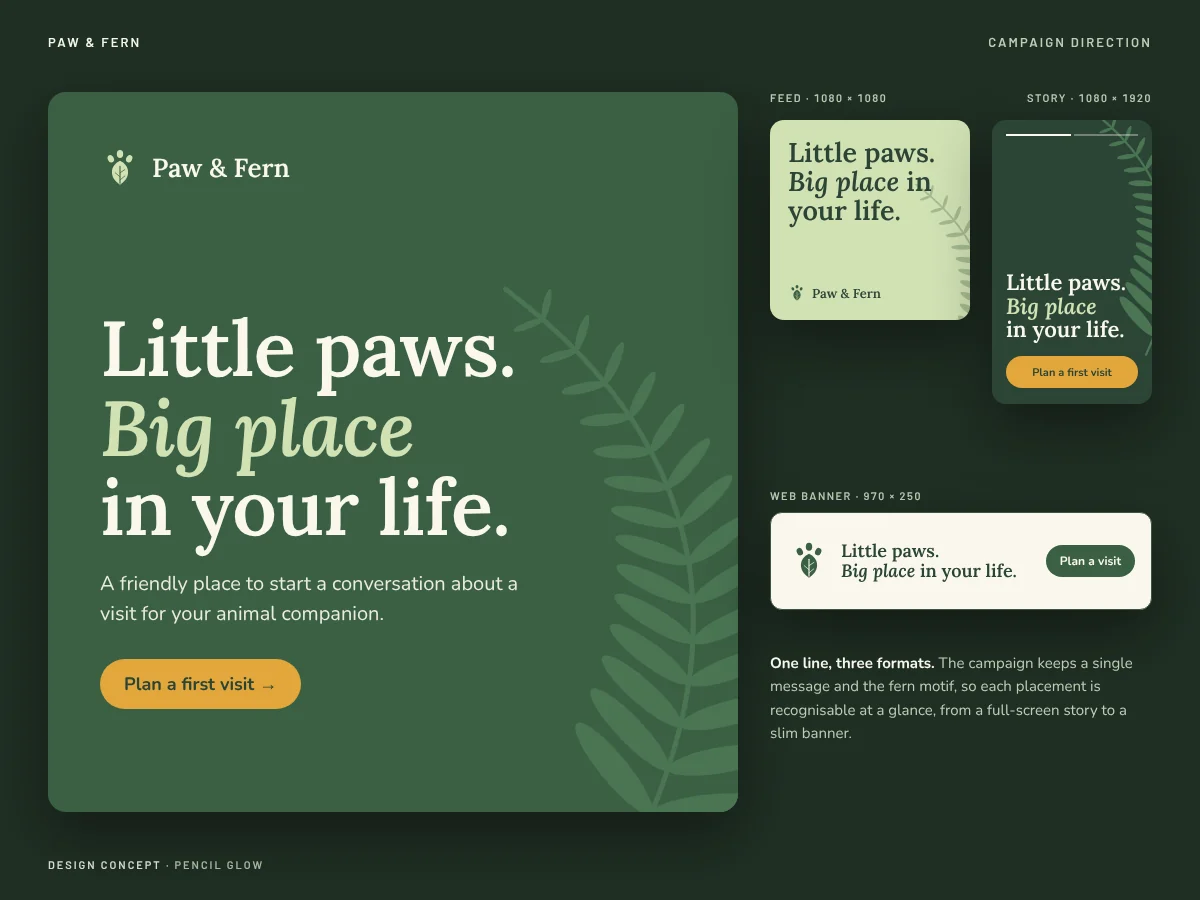 Paw & Fern design concept: campaign key visual with feed post, story and web banner