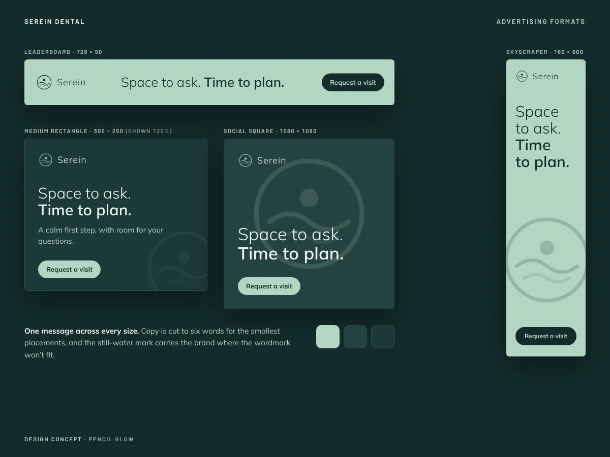 Serein Dental design concept: leaderboard, rectangle, square and skyscraper ads
