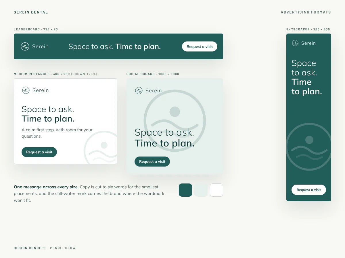 Serein Dental design concept: leaderboard, rectangle, square and skyscraper ads